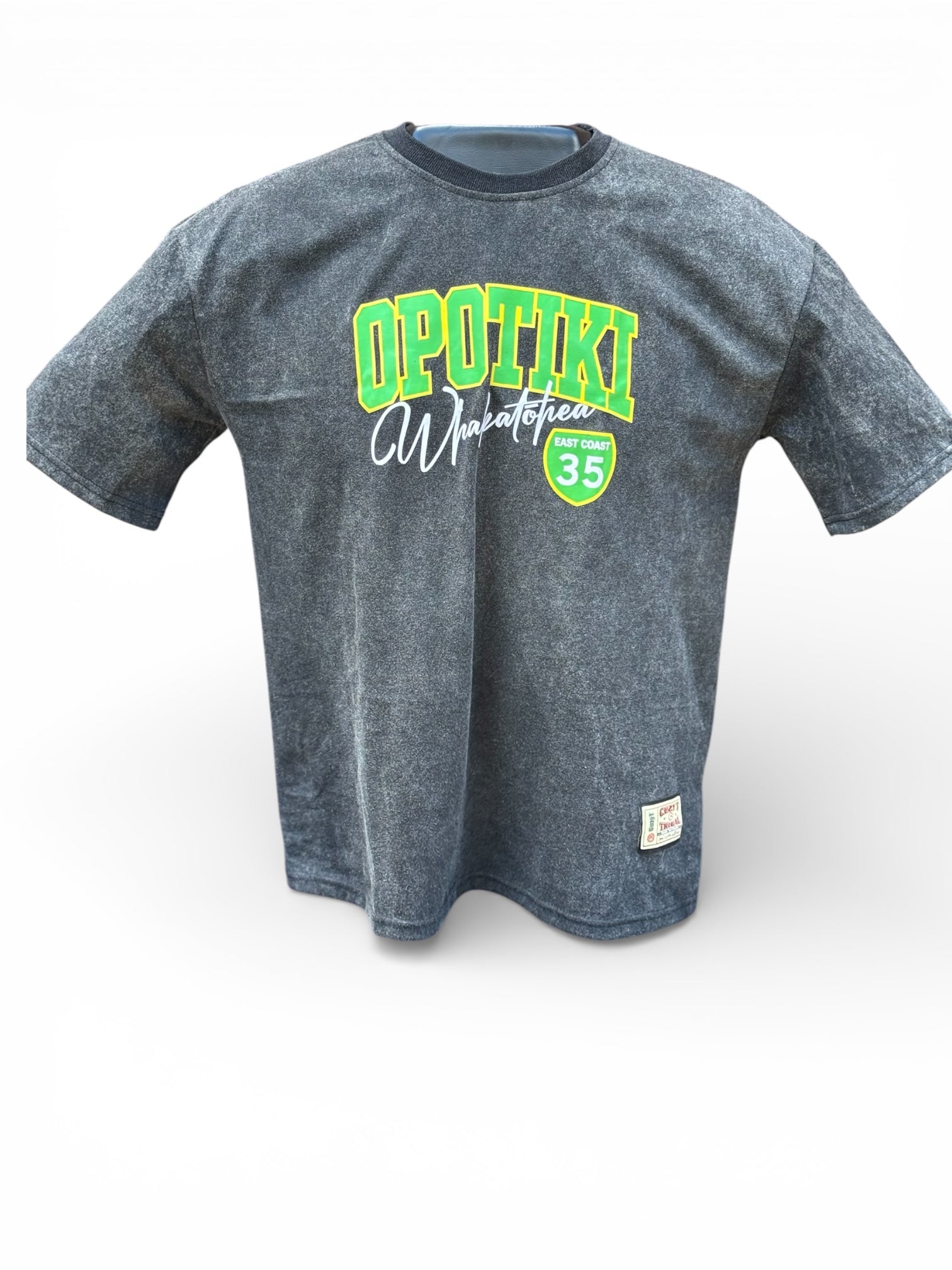 OPOTIKI WHAKATOHEA – Black Acid Wash Drop Shoulder Tee