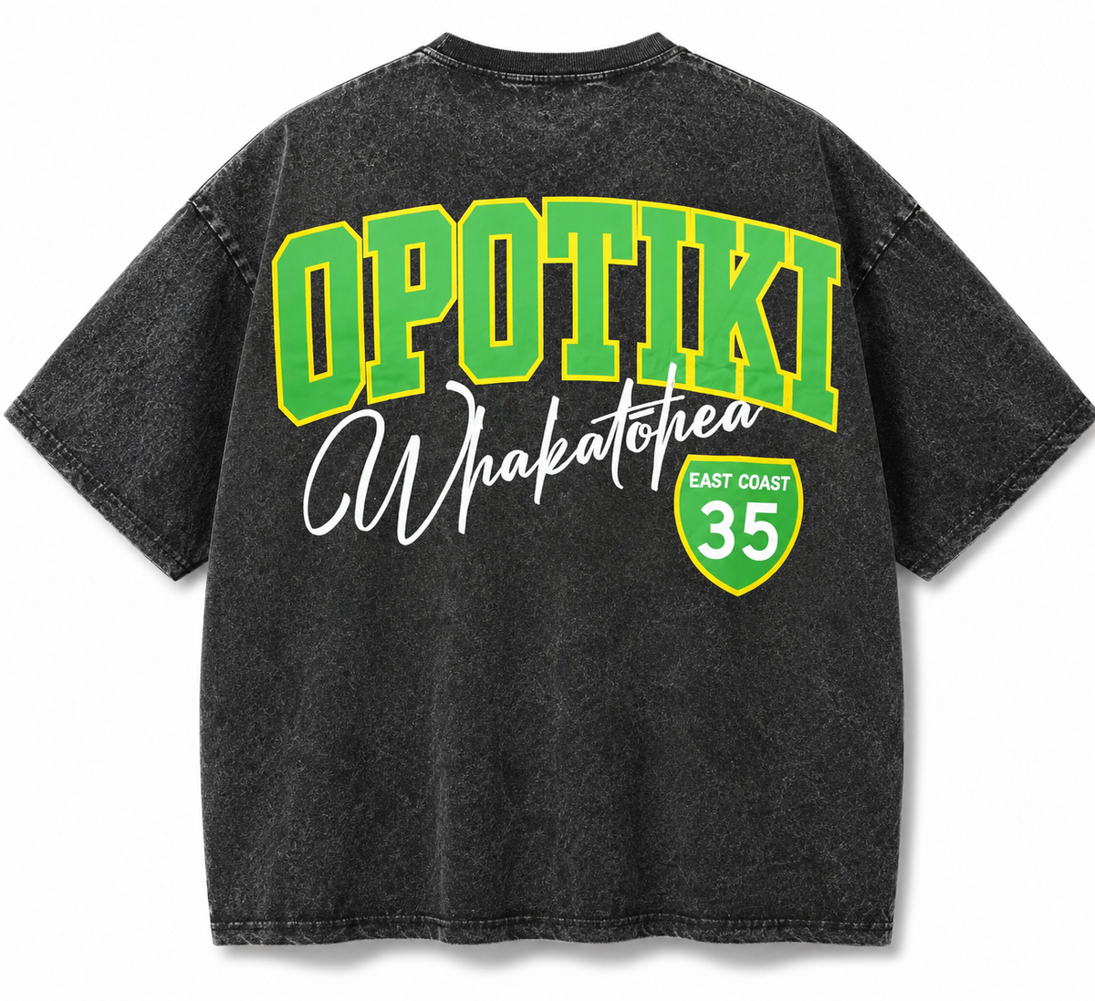OPOTIKI WHAKATOHEA – Black Acid Wash Drop Shoulder Tee