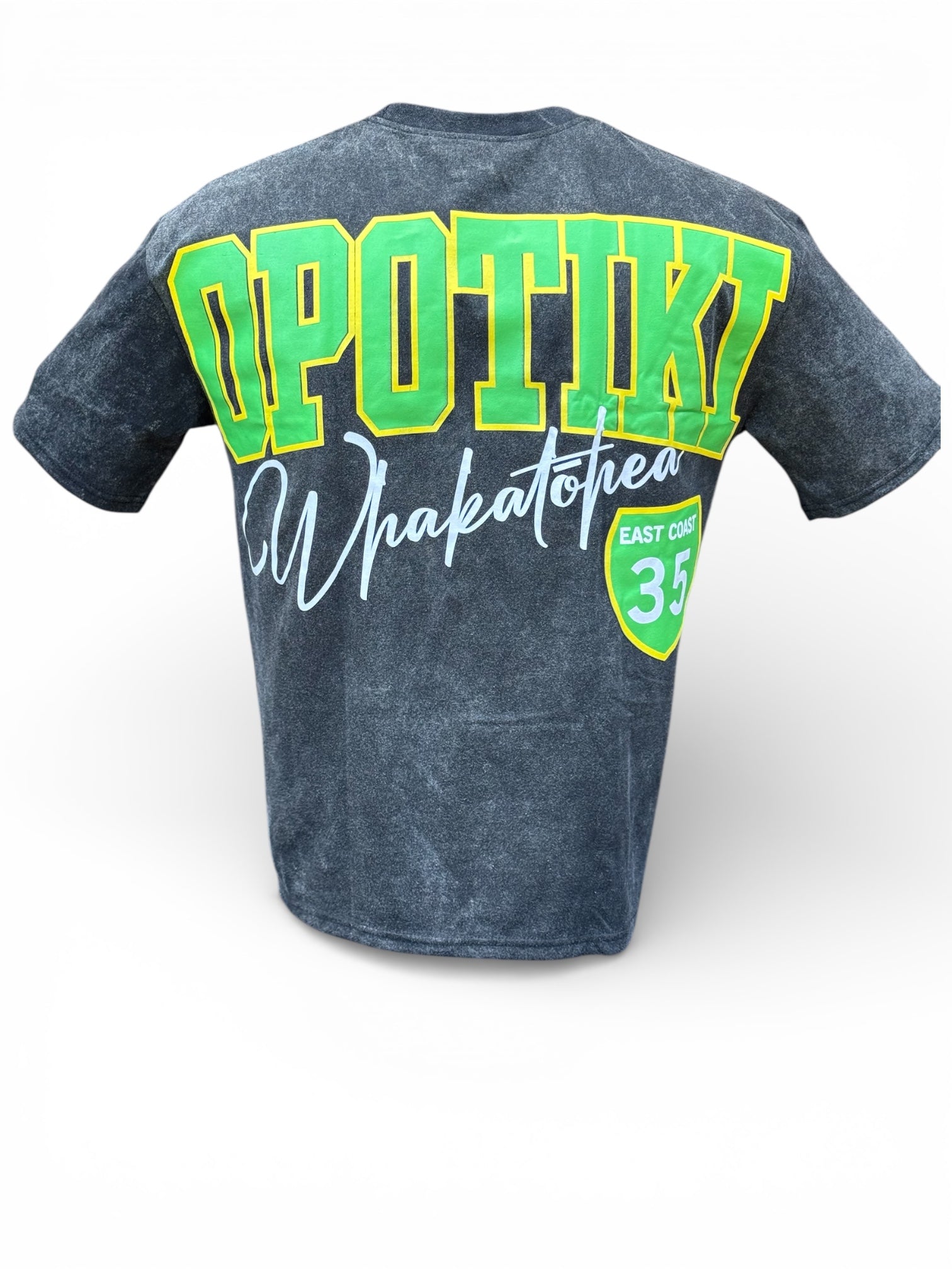 OPOTIKI WHAKATOHEA – Black Acid Wash Drop Shoulder Tee