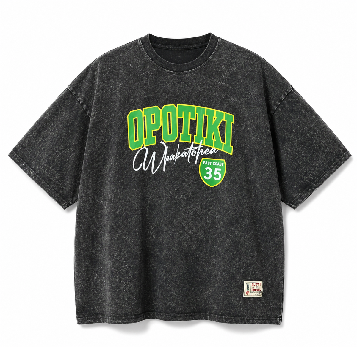 OPOTIKI WHAKATOHEA – Black Acid Wash Drop Shoulder Tee