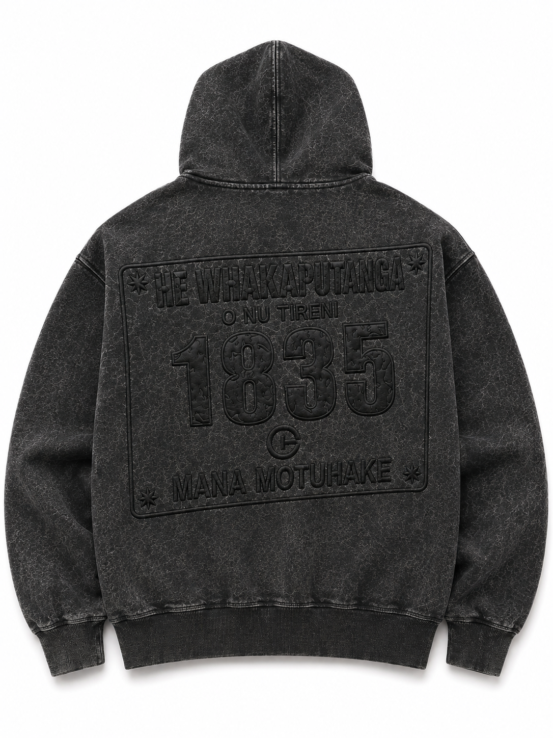 1835 Mana Motuhake Hoodie black acid wash